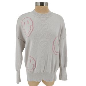 Miou Muse Smiley Face Sweater Bone Gray Long Sleeve Mock Knit Pullover Medium